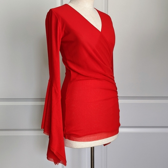 FUZZI Wrap Front V-Neckline Fine Mesh Knit Long Butterfly Bell Sleeves Red L NWT - Picture 5 of 16